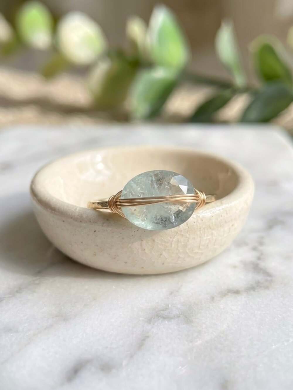 Gold Filled Wire Wrapped Natural Aquamarine Oval Gemstone Ring